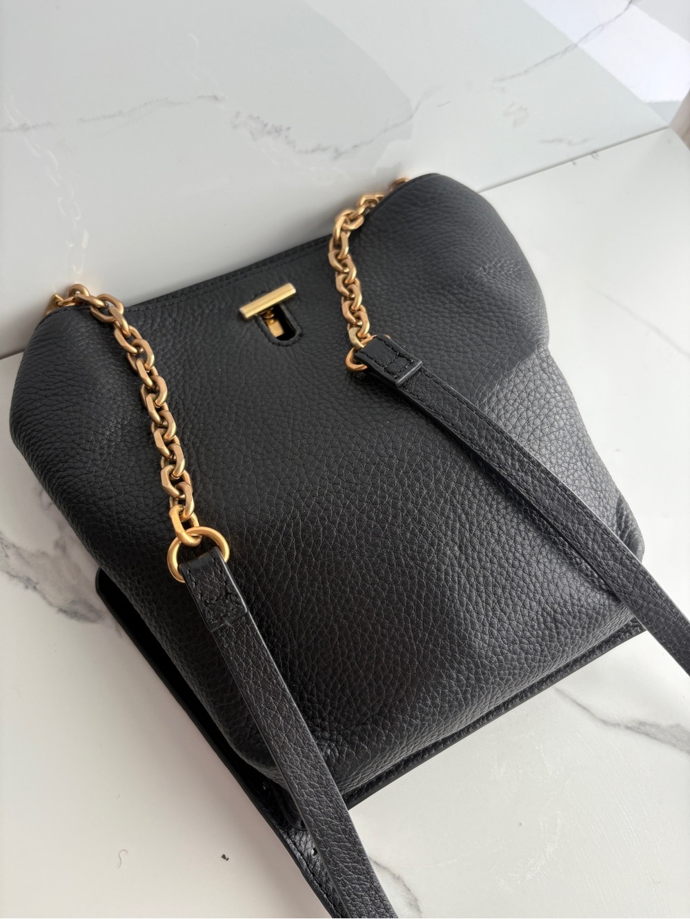 THACKER Pippa Leather Crossbody Bag black purse pebbled calfskin gold hardware